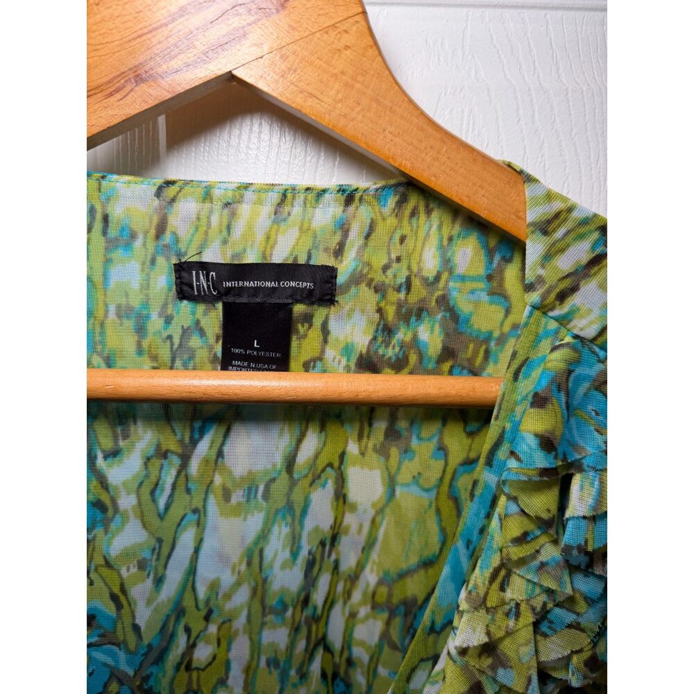 INC International Concepts Women's Large Ruffle Surplice Blouse Blue Green - Picture 3 of 4